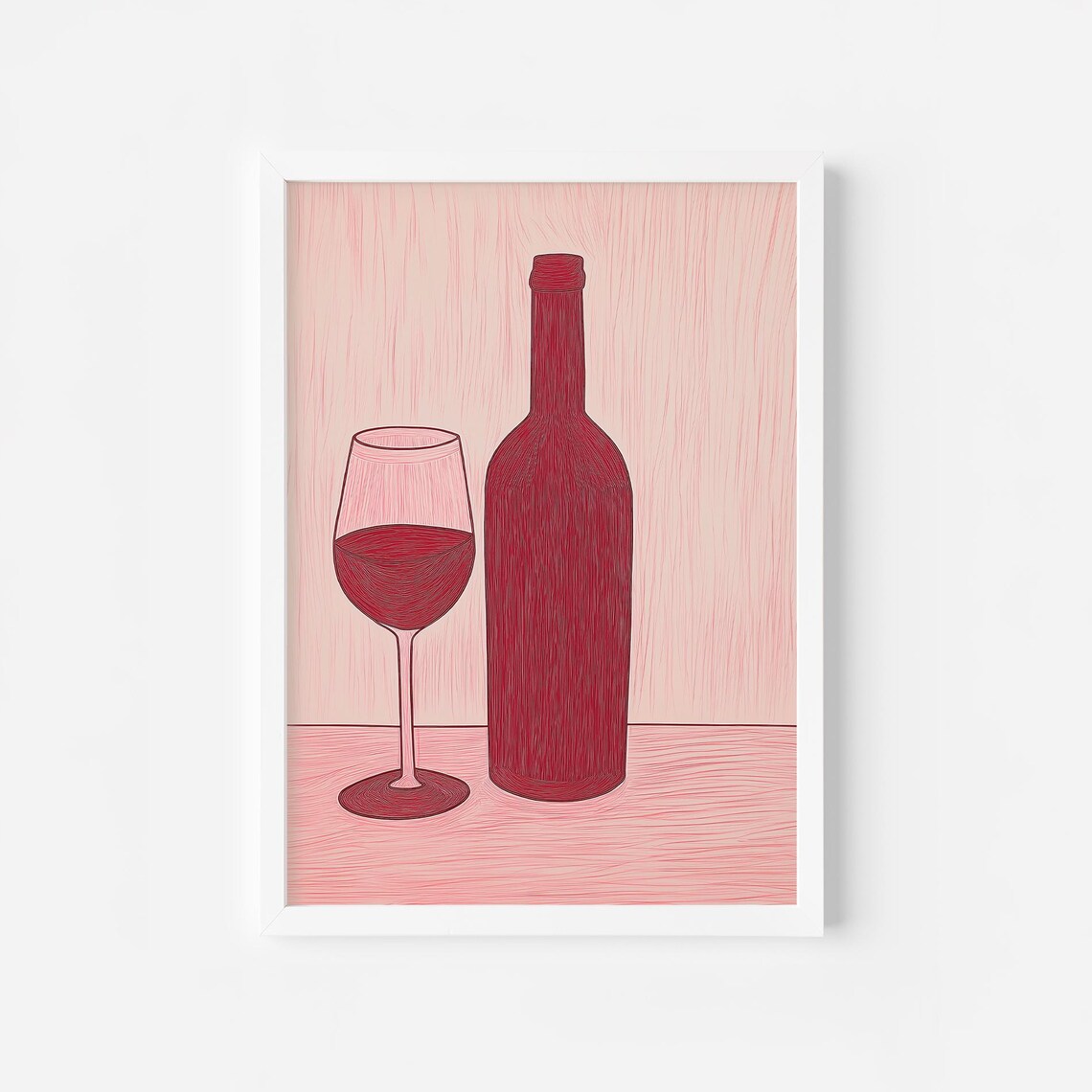Red Wine Bottle and Wine Glass on Blush Pink Kitchen Decor Poster