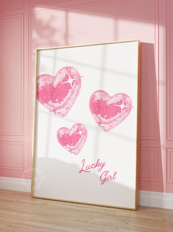 Lucky Girl Pink Poster Disco Heart Girly Dorm Decor Trendy Wall Art Ball Retro Prints Unframed