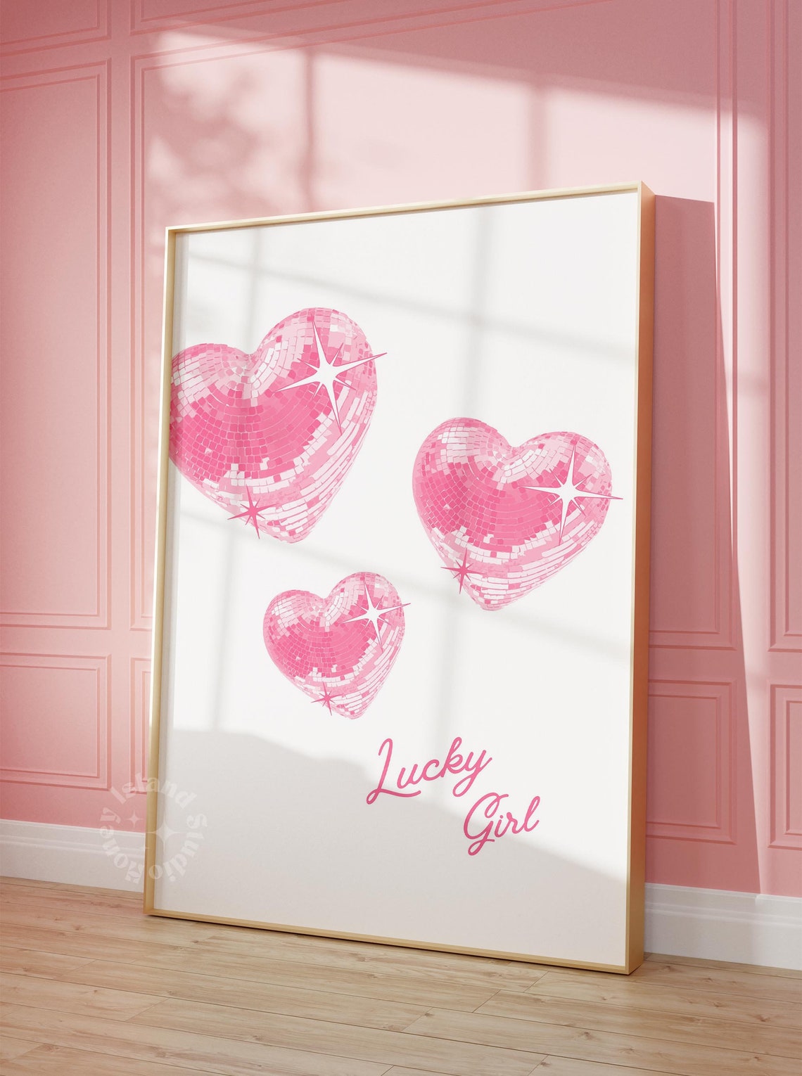 Lucky Girl Pink Disco Ball Hearts Trendy Pink Dorm Room Poster