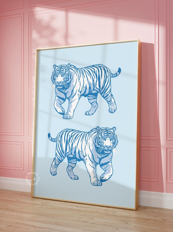Tiger Print Blue Preppy Dorm Decor Trendy Wall Retro Prints Poster Unframed