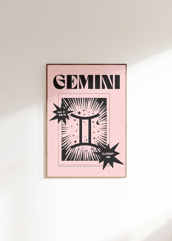 Gemini Zodiac Pink Retro Star Sign Astrology Celestial Wall Art