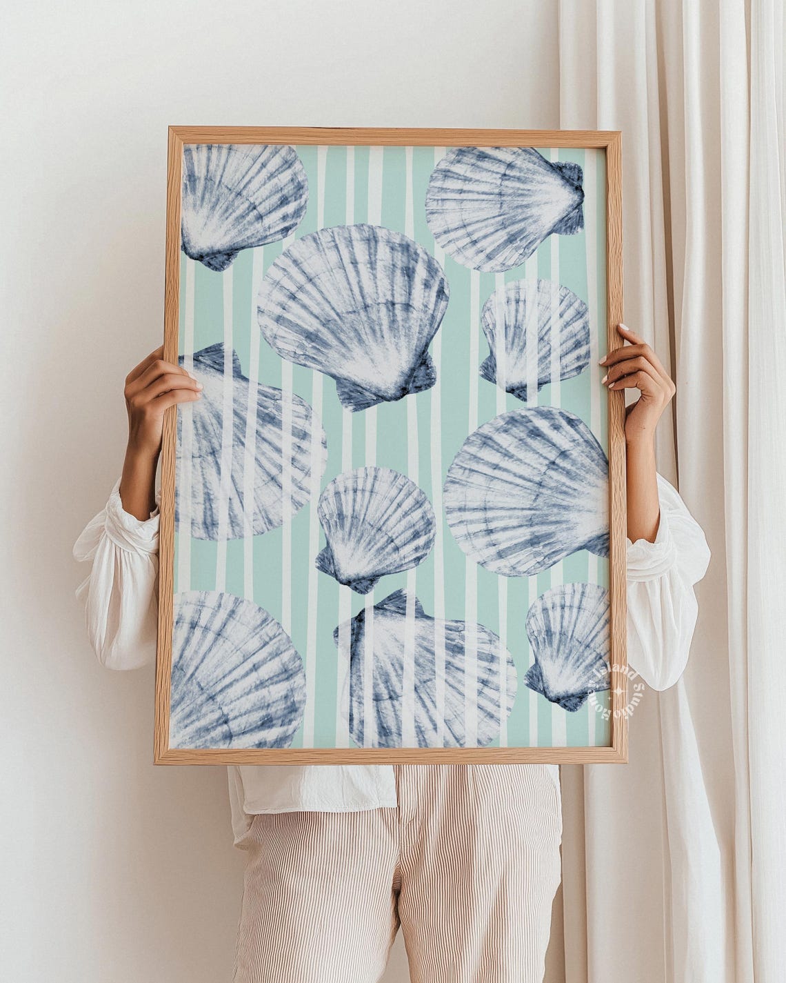 Blue Scallop Shell Coastal Nautical Beach Stripe Wall Art Decor