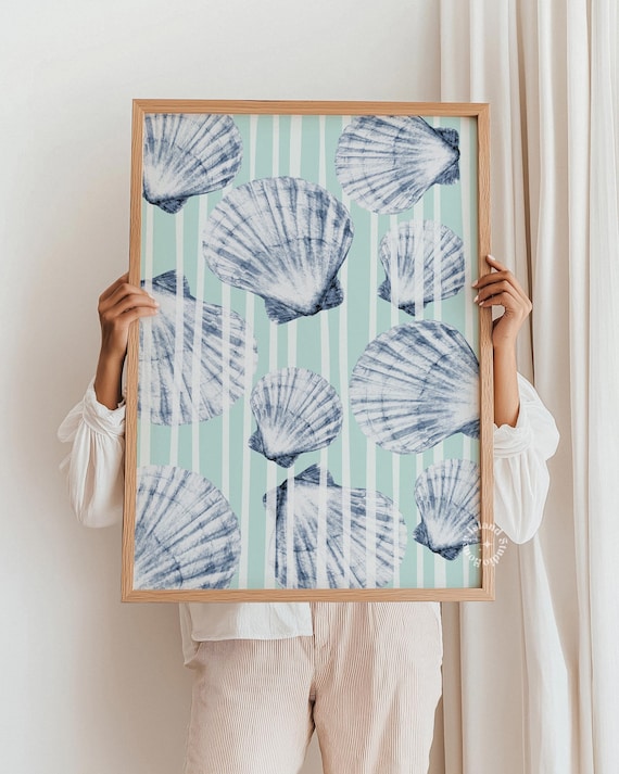 Blue Scallop Shell Coastal Nautical Beach Stripe Wall Art Decor