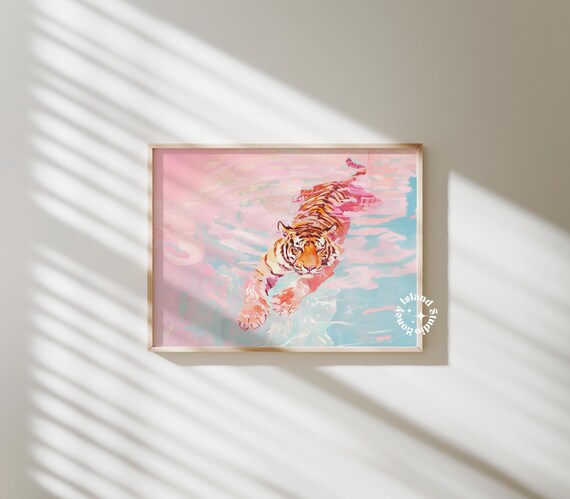 Tiger Preppy Dorm Decor Landscape Horizontal Pink Orange Art Retro Trendy Wall Poster Unframed
