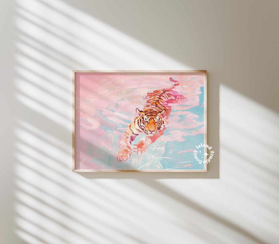 Tiger Swimming in Pastel Pink Pool Watercolor Painting Poster