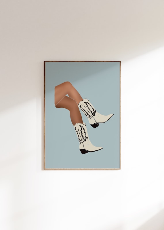 Blue Cowgirl Western Boots Boho Art Print