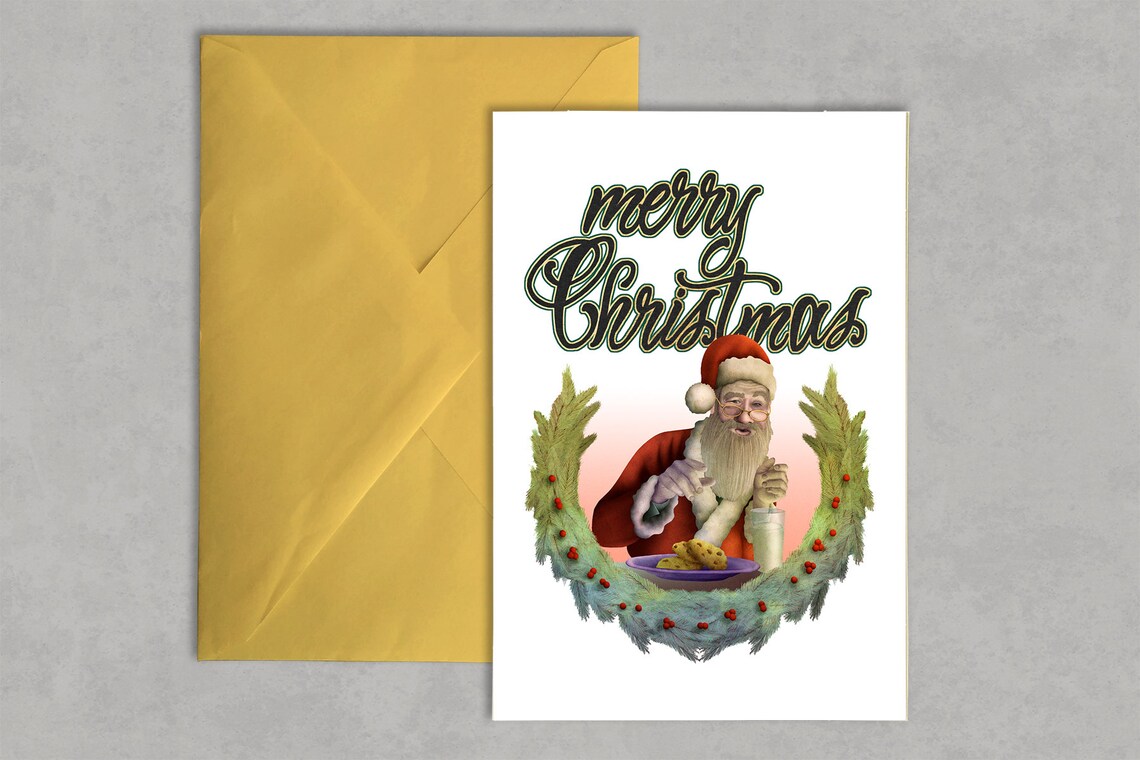 Merry Christmas Vintage Santa with Cookies and Milk Card Poster Art