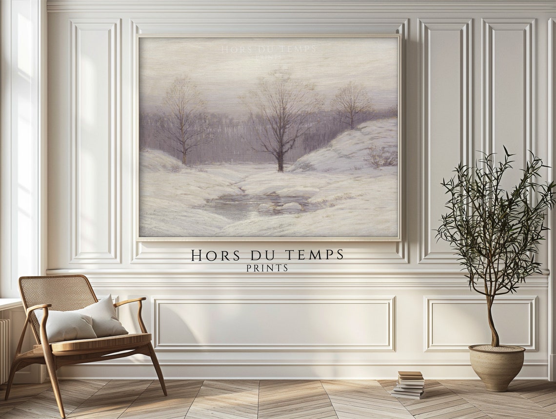Misty Snowy Hillside Stream Soft Winter Landscape Painting Poster - Image 2