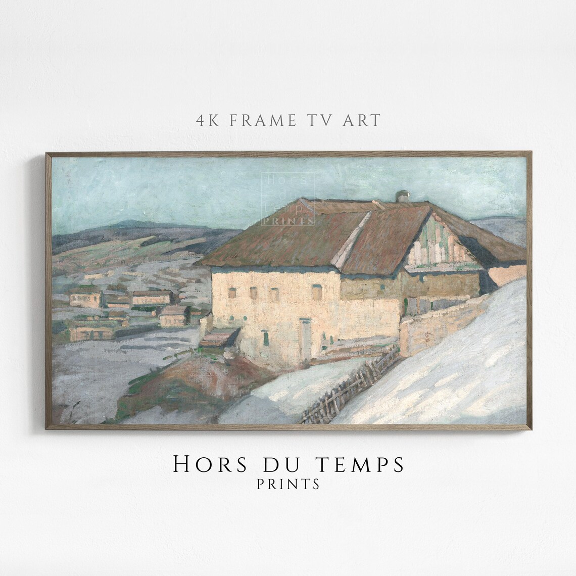 Snowy Village Farmhouse with Red Roof Vintage Winter Painting Poster