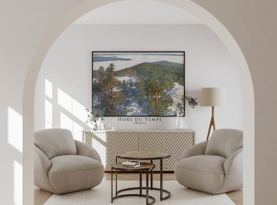 Snowy Pine Hillside Frozen Lake View Tranquil Winter Forest Oil Poster - Image 2
