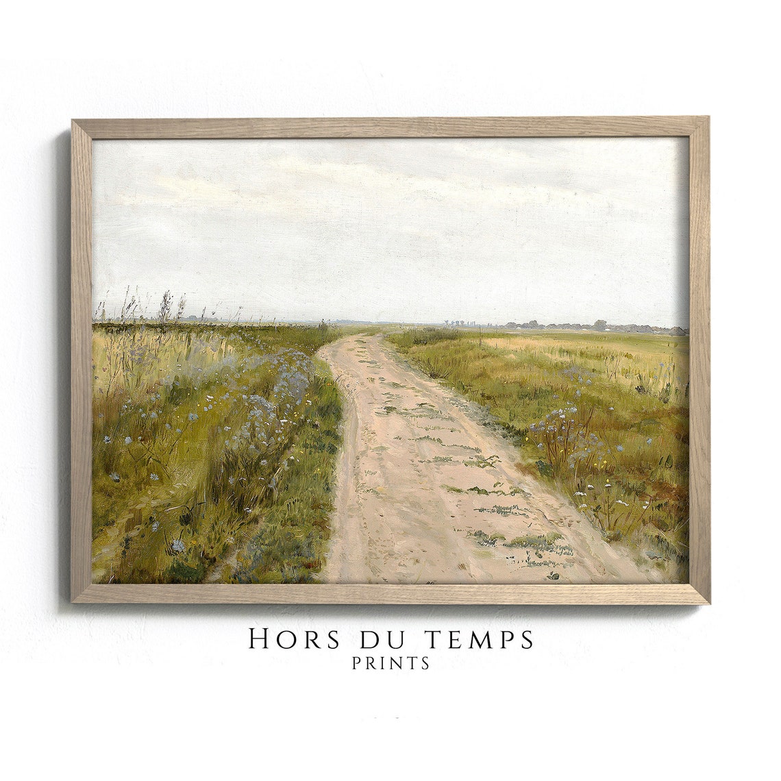 Spring Meadow Landscape Painting Country Road Field Summer Wall Art French Antique Wildflowers Print Farmhouse Room Decor