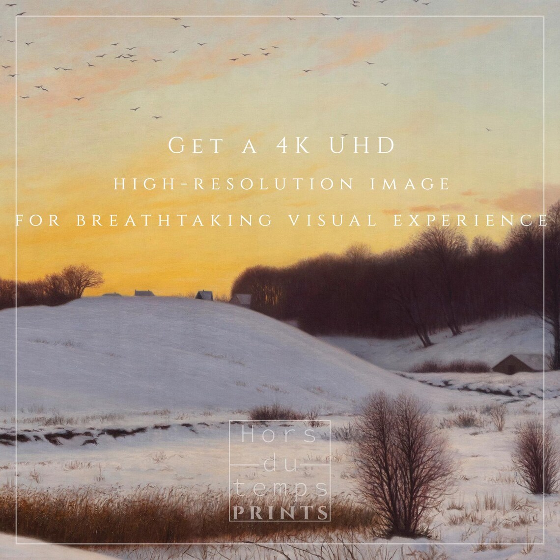 Golden Sunset Over Snowy Fields Birds Flying Vintage Winter Painting Poster - Image 2
