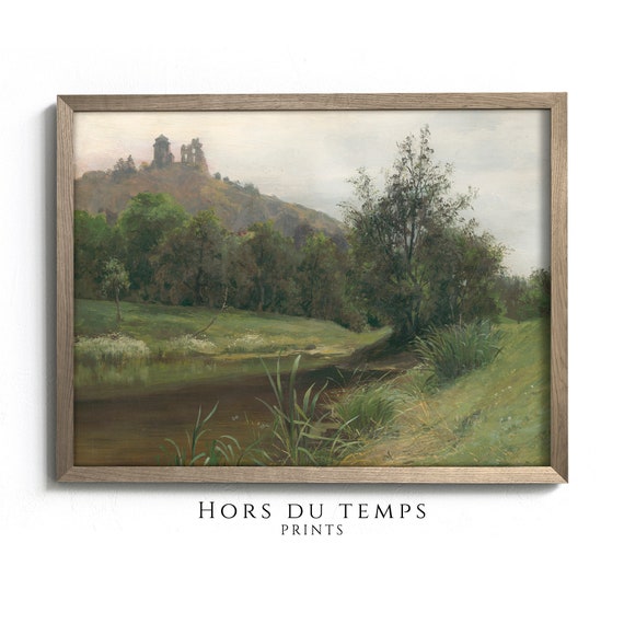 Muted Meadow River Landscape Oil Painting Rustic Country Farmhouse Art Vintage Cottage Wall Decor Hors Du Temps Prints