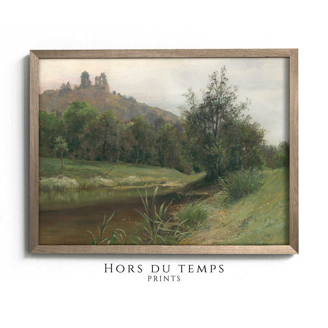 Castle Ruin on Hill Above River Romantic Vintage Landscape Art Poster