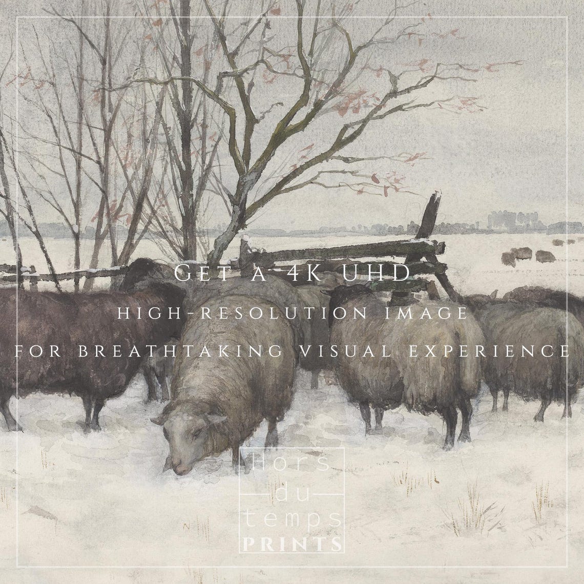 Sheep in Snowy Pasture With Bare Tree Vintage Winter Painting Poster - Image 2