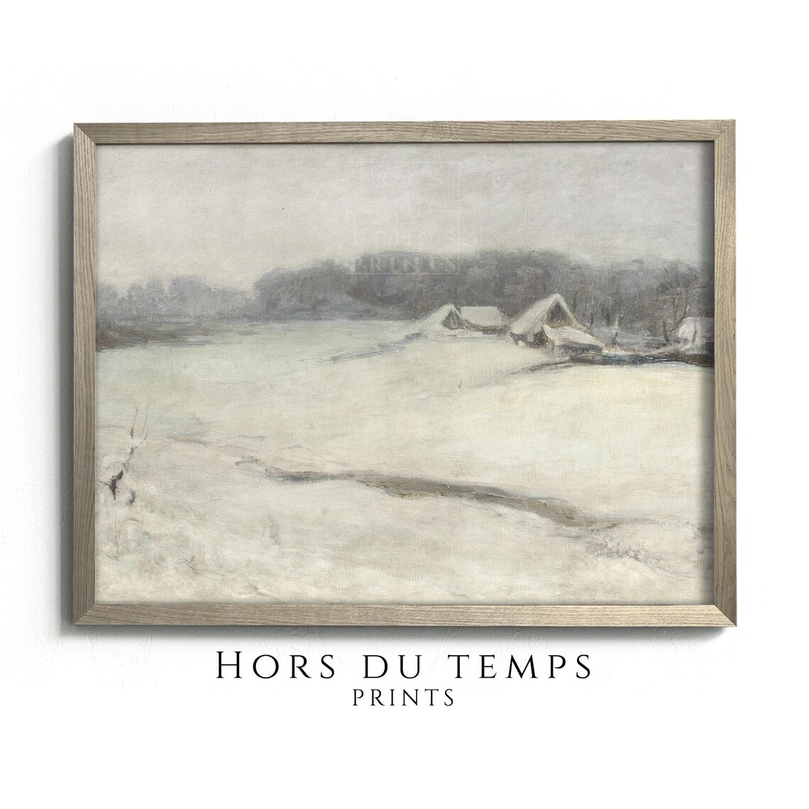 Misty Frozen Lake with Snowy Cabins Minimalist Winter Poster