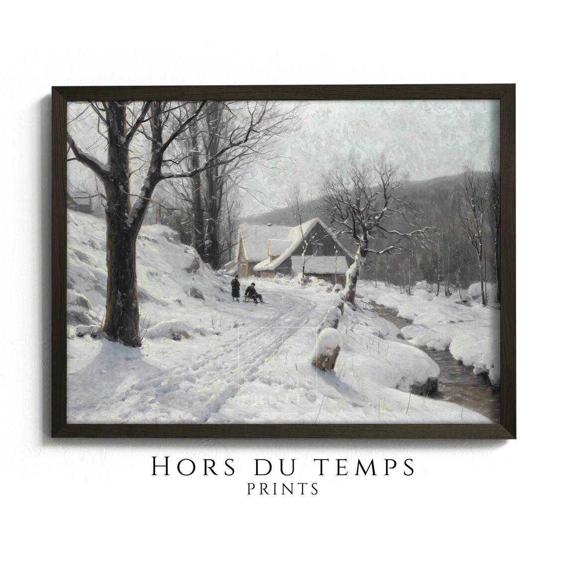 Children Sledding on Snowy Village Lane Winter Painting Poster