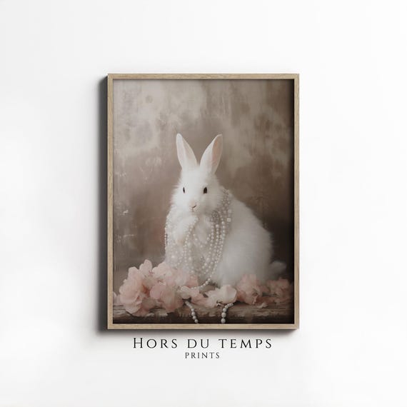 Cute White Bunny With Pearl Necklace Painting Animal Lover Gift Art Nursery Kids Room Wall Decor Hors Du Temps Prints