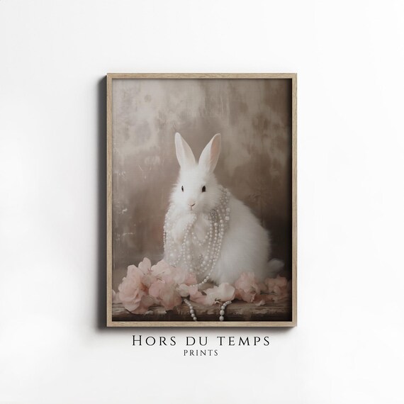 White Rabbit With Pearl Necklace Vintage Spring Floral Bunny Poster