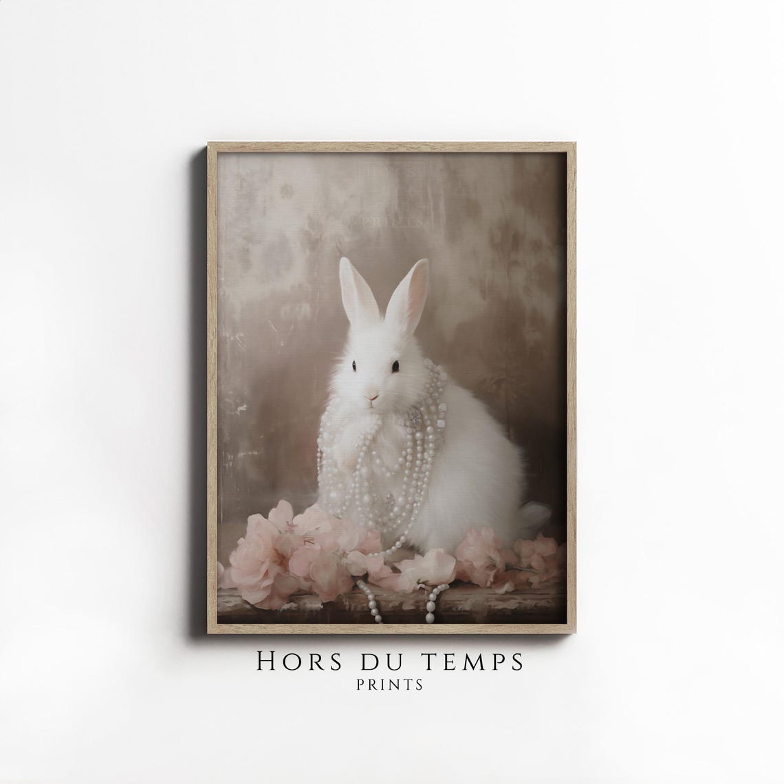 White Rabbit With Pearl Necklace Vintage Spring Floral Bunny Poster
