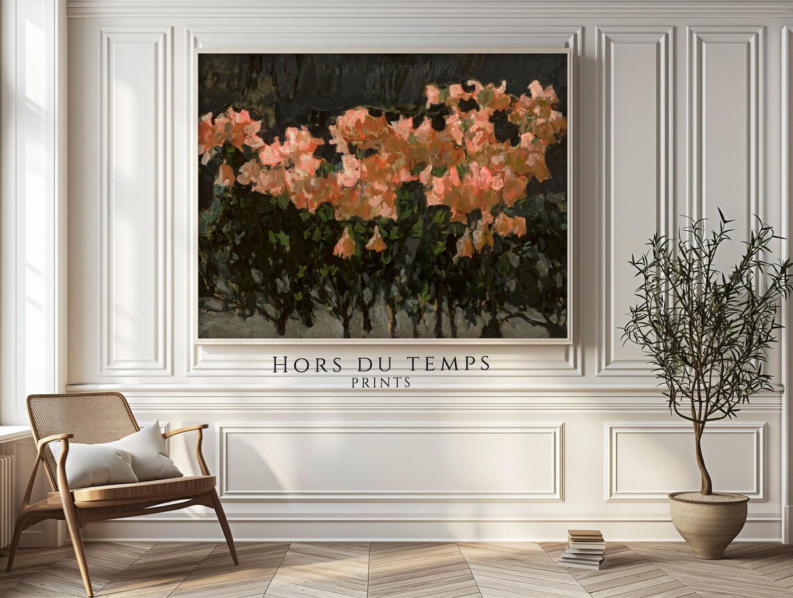 Pink Flowering Bushes Dark Night Blossom Impressionist Painting Poster - Image 2