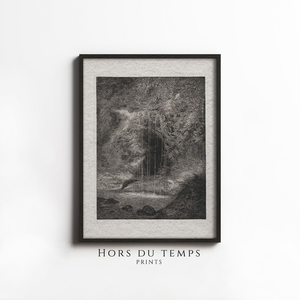 Dark Enchanted Forest Waterfall Cave Engraving Gothic Poster