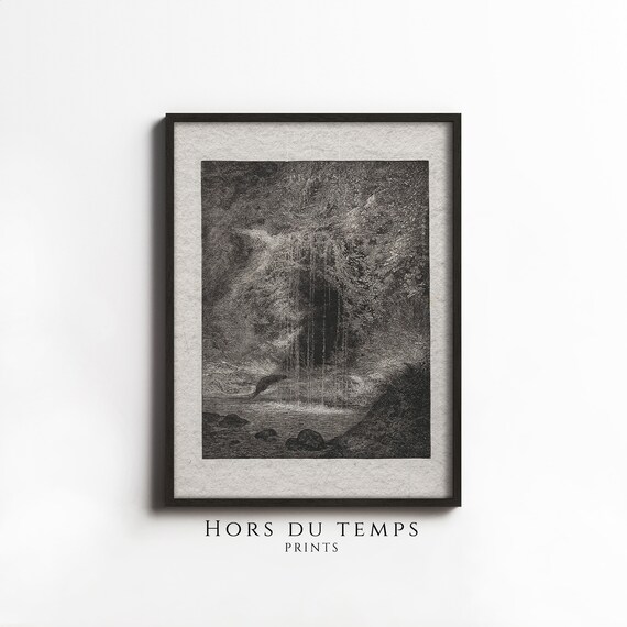 Dark Enchanted Forest Waterfall Cave Engraving Gothic Poster