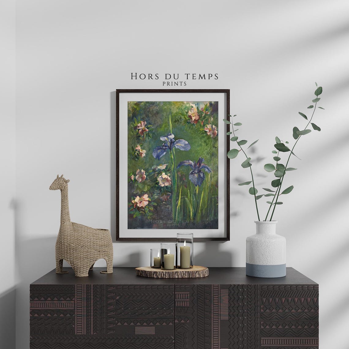 Blue Iris Blush Pink Roses Vintage Floral Garden Scene Poster - Image 2