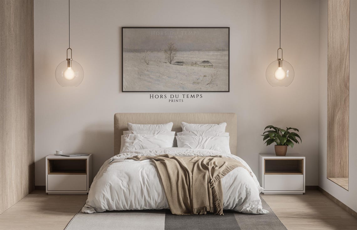 Minimal White Winter Field Lone Tree Farm Buildings Painting Poster - Image 2