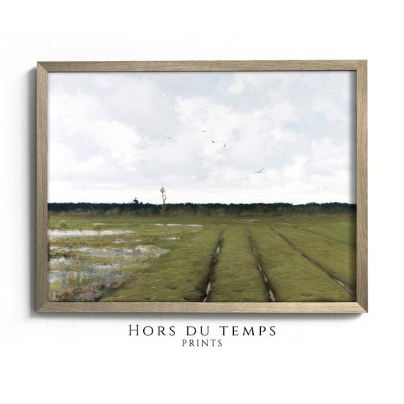 Moody Nature Green Tonal Landscape Countryside Field Art Vintage Rustic Farmhouse Aesthetic Hors Du Temps Prints