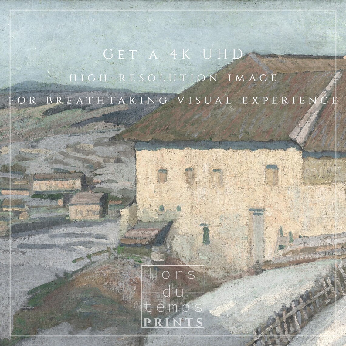 Snowy Village Farmhouse with Red Roof Vintage Winter Painting Poster - Image 2