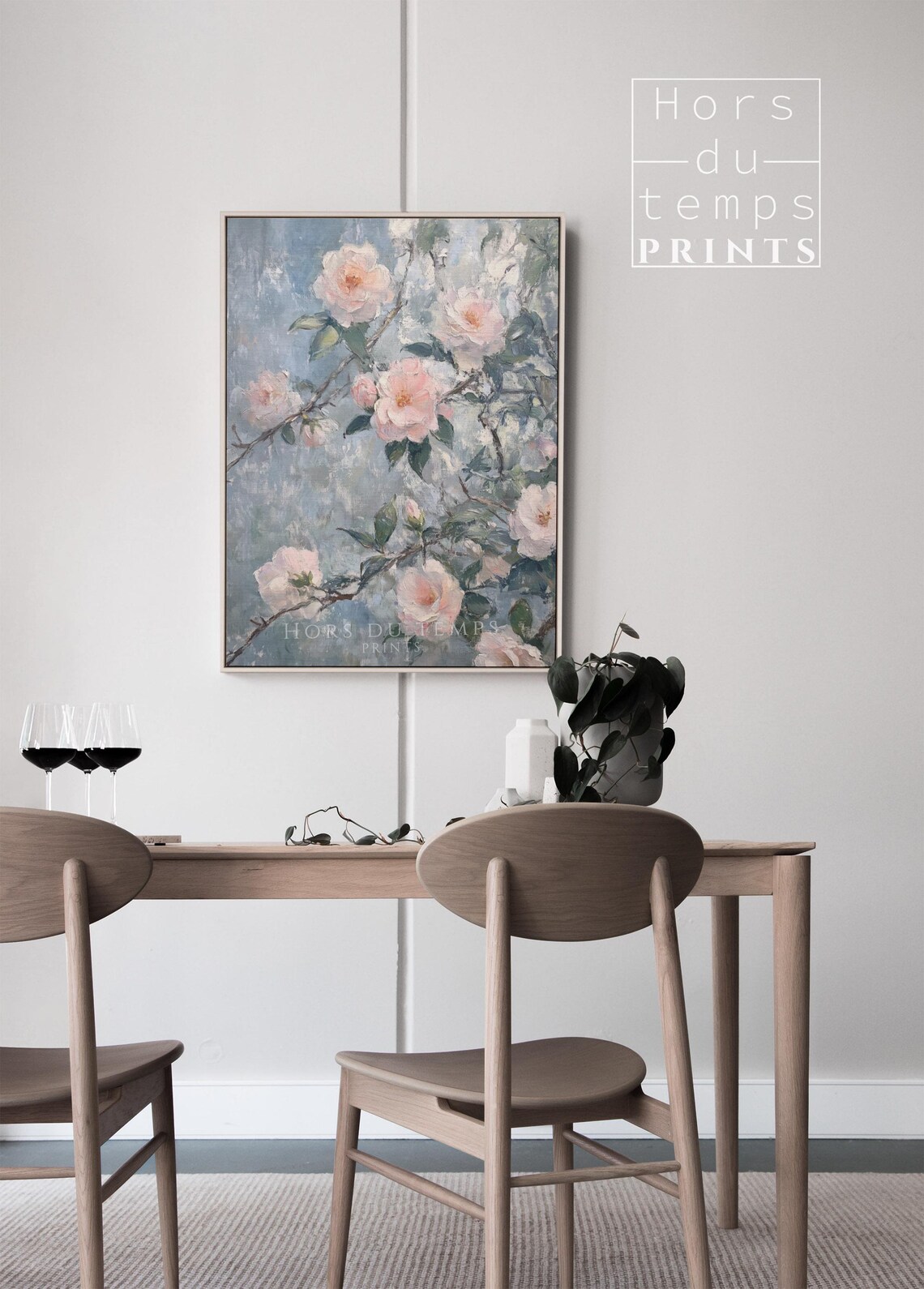 Pink Roses Blossoming Branch Soft Blue Floral Painting Wall Art - Image 2
