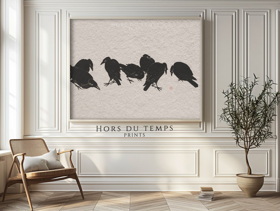 Seven Black Crows Ink Drawing Japanese Style Vintage Bird Poster - Image 2