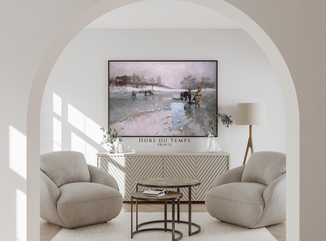 Vintage Ice Harvesting Frozen Lake Horse Sleds Antique Scene Poster - Image 2