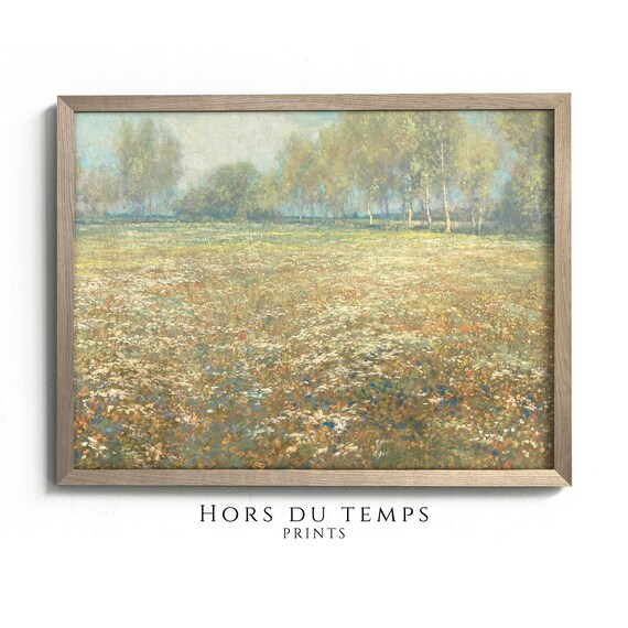 Colorful Flower Meadow Tree Line Impressionist Vintage Art Poster