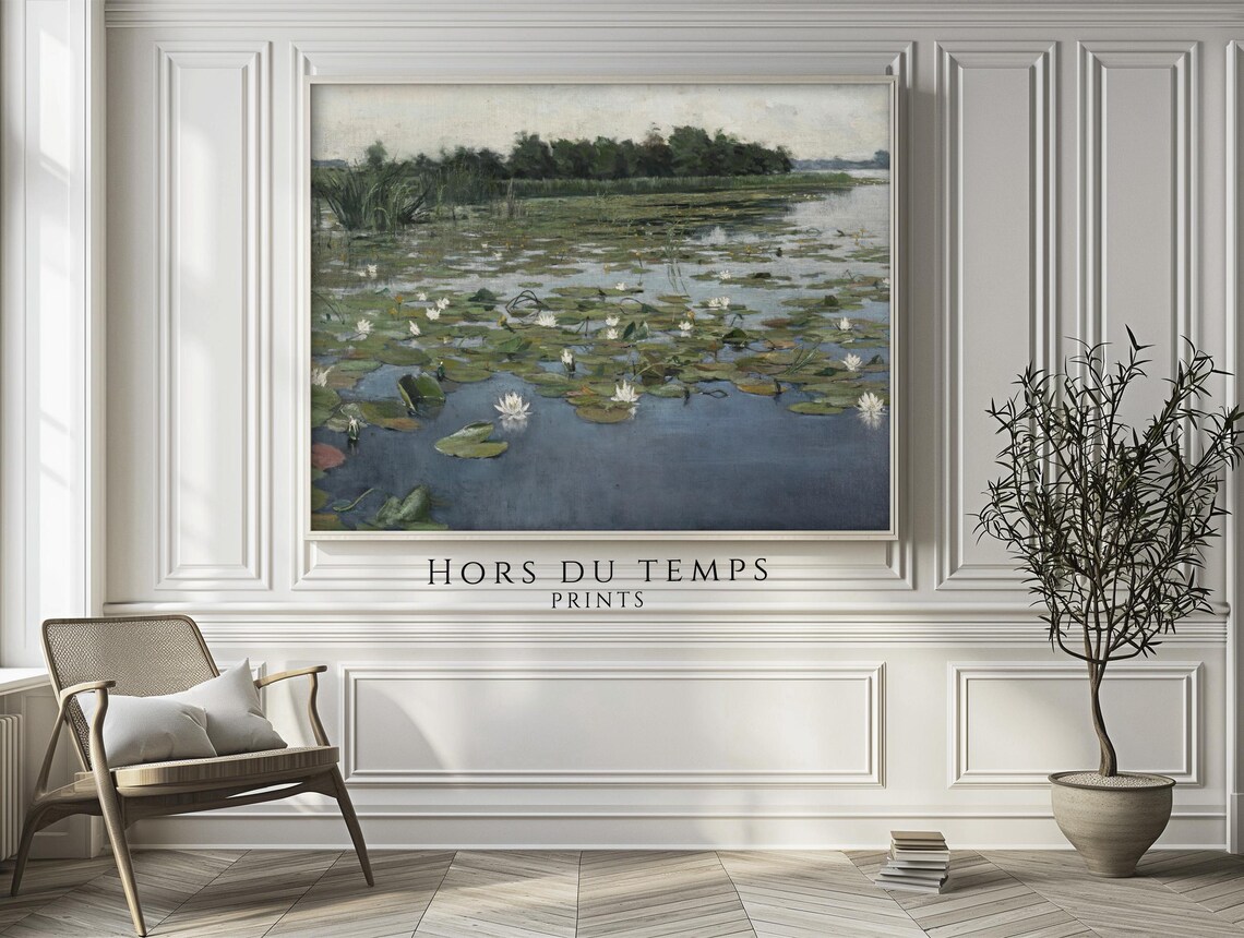 White Water Lilies on a Still Lake Impressionist Vintage Painting Poster - Image 2
