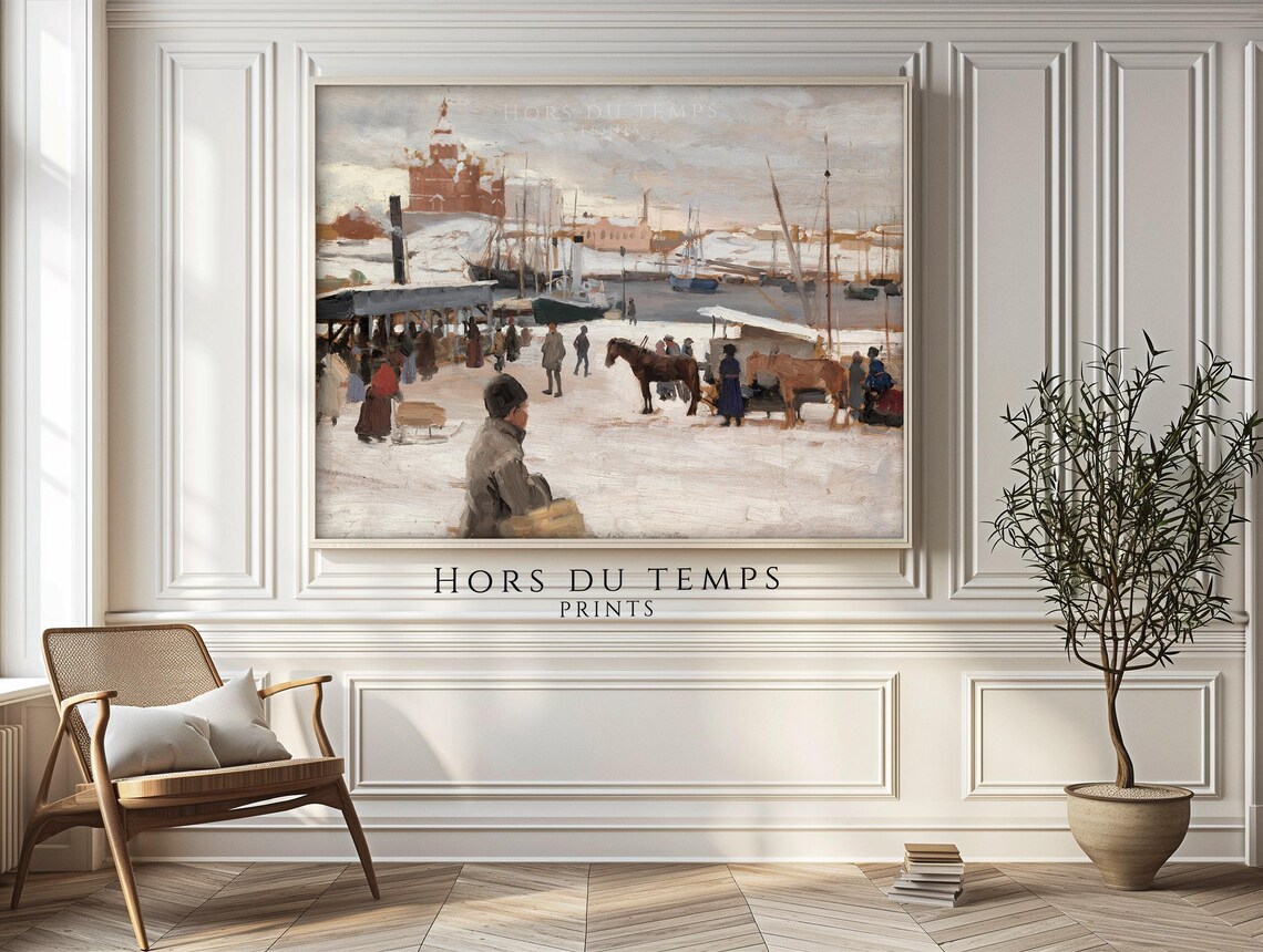 Snowy Harbor Ships Winter Market Red Domed Church Vintage Painting Poster - Image 2