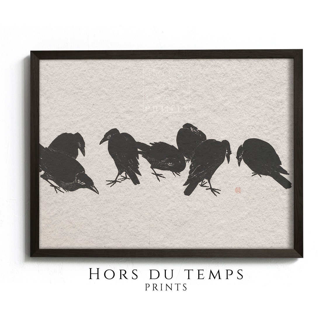 Seven Black Crows Ink Drawing Japanese Style Vintage Bird Poster