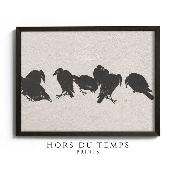 Seven Black Crows Ink Drawing Japanese Style Vintage Bird Poster