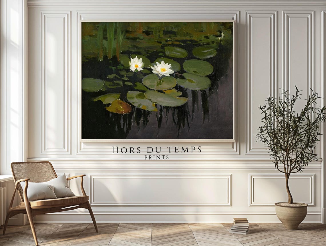 White Water Lilies Lily Pads Dark Pond Impressionist Painting Wall Art - Image 2