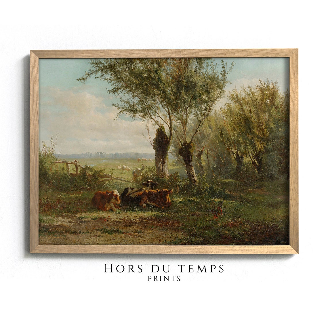 Cows Resting Under Willow Trees Pastoral Vintage Oil Art Poster