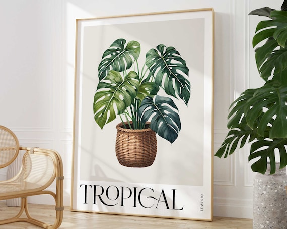 Tropical Monstera Plant Print Colourful Leaf Watercolour Wall Art Botanical Rainforest Poster Modern Living Room Home Decor
