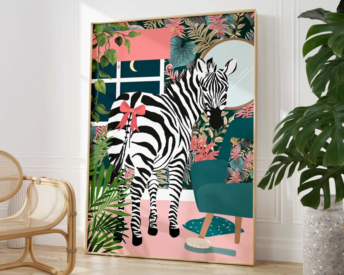 Zebra Bathroom Wall Art, Maximalist Tropical Poster