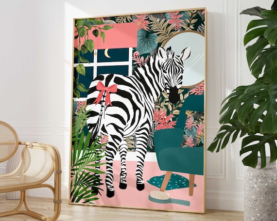 Zebra Bathroom Wall Art, Maximalist Tropical Poster