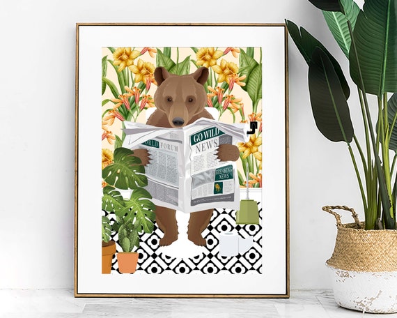 Bear Bathroom Wall Art, Funny Animal Toilet Poster