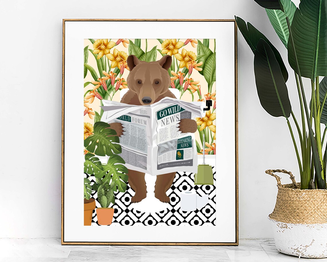 Bear Bathroom Wall Art, Funny Animal Toilet Poster