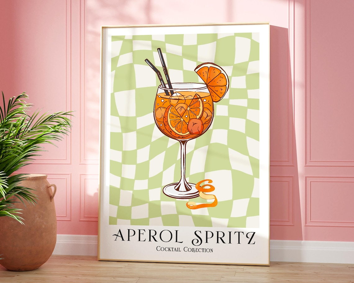 Aperol Spritz Cocktail Retro Poster, Bar Cart Decor