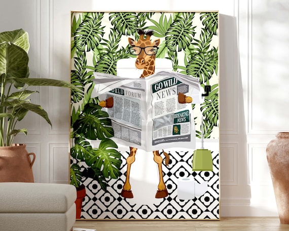 Giraffe on Toilet Botanical Bathroom Art Print