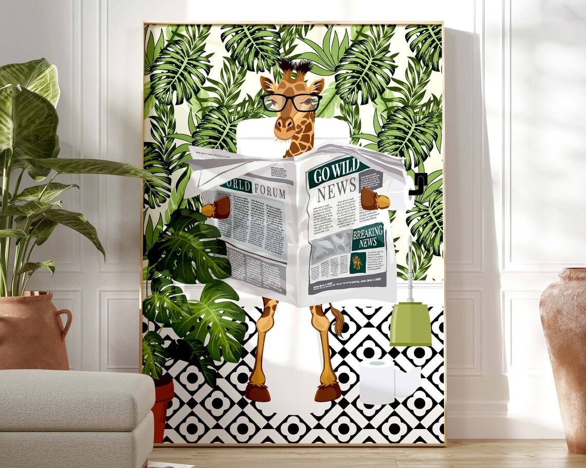 Giraffe on Toilet Botanical Bathroom Art Print