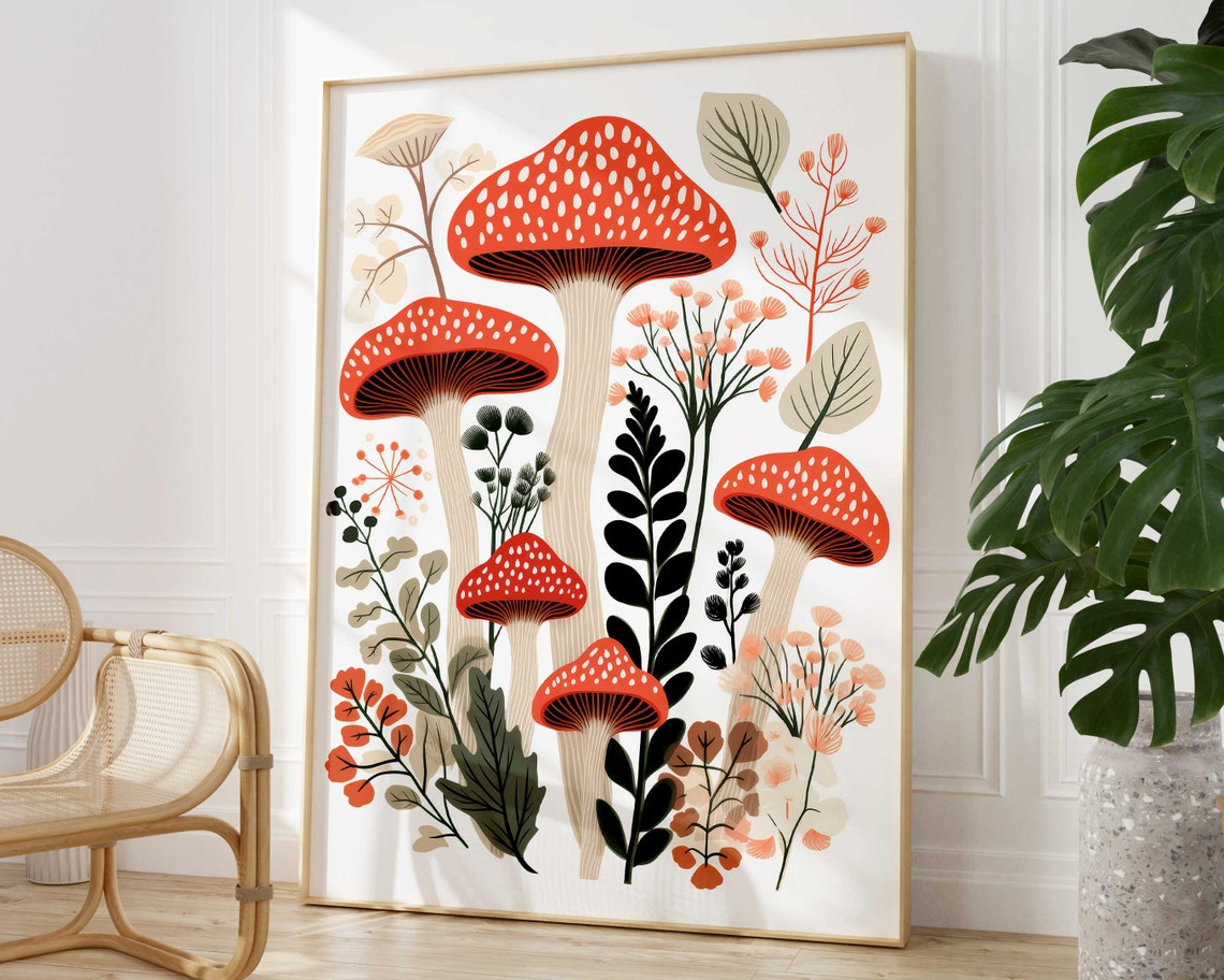 Boho Red Fly Agaric Mushroom Botanical Wildflower Art Poster